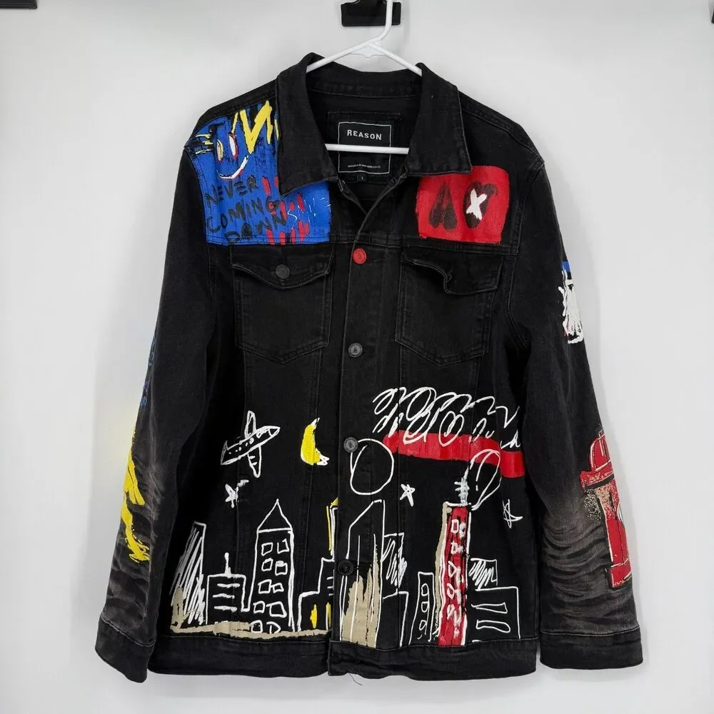 Reason Denim Jacket Graffiti Biker Emo Grunge Streetwear Art to Wear Men Size L
